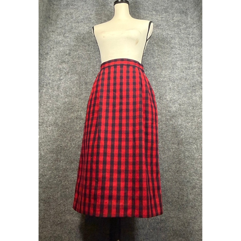 VTG CHAUS Wool Buffalo Plaid Skirt 26" Waist Red Pleated Midi Pockets USA 80s